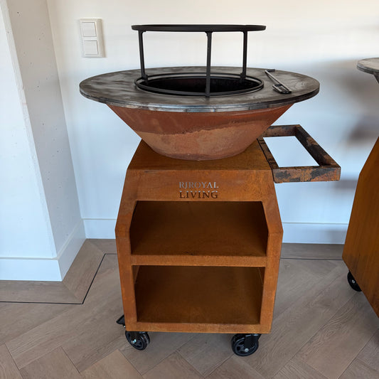 BBQ Plancha Grill Maestro Ø70cm Corten steel - With large wheels and wood storage