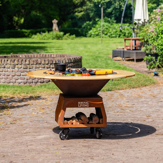 BBQ Plancha Grill Brasero Corten steel fire pit with Cooking plate Ø80cm and Mesa (wooden ring) large wheels, wood storage