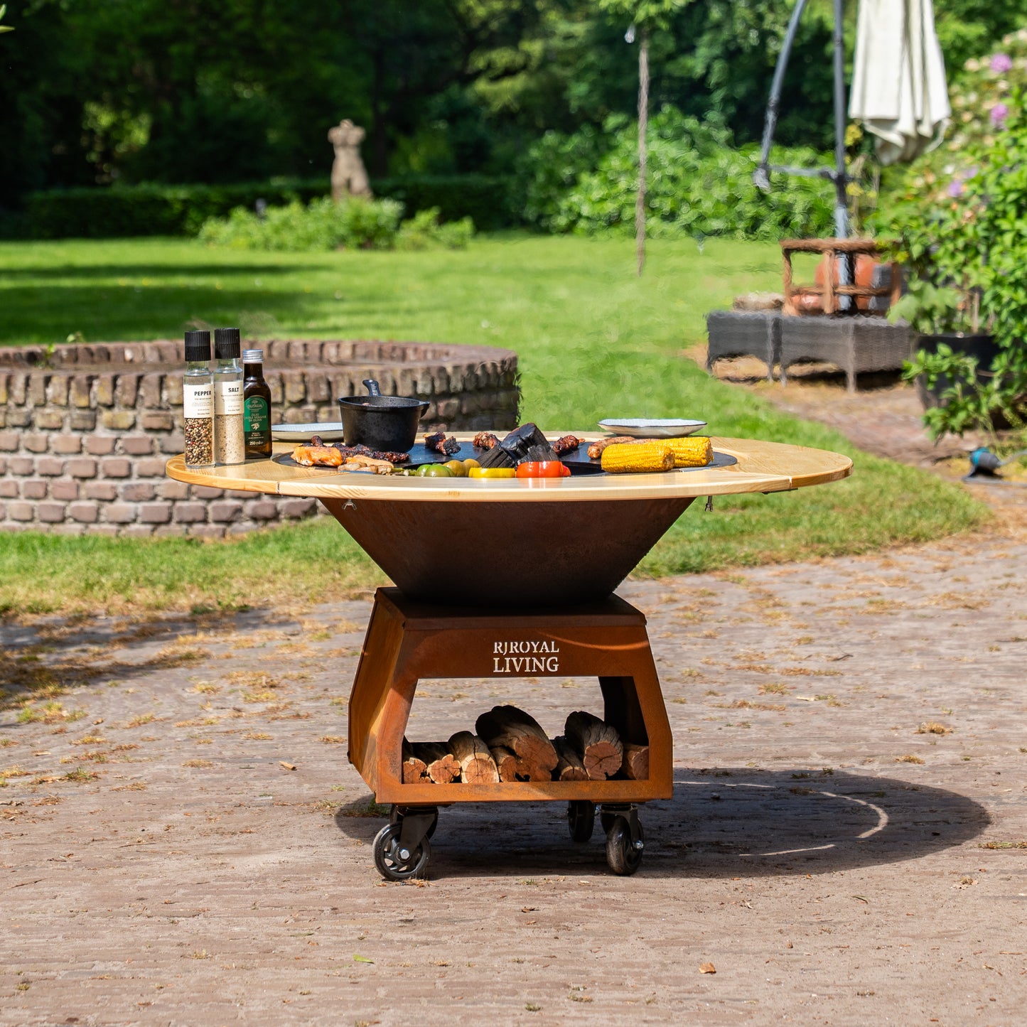 BBQ Plancha Grill Brasero Corten steel fire pit with Cooking plate Ø80cm and Mesa (wooden ring) large wheels, wood storage
