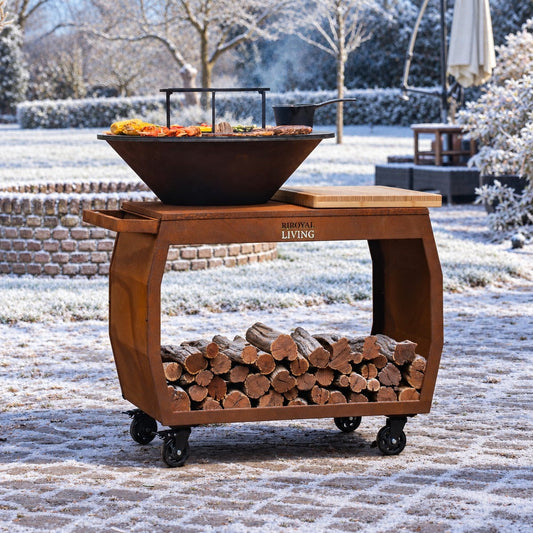 BBQ Plancha Grill Big Jack Corten steel 3.0 - With poker and wood storage — winter setting