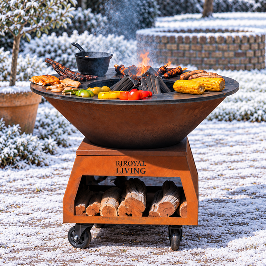 BBQ Plancha Grill Brasero Corten steel fire bowl with large wheels, wood storage and Cooking Plate Ø80cm — winter setting