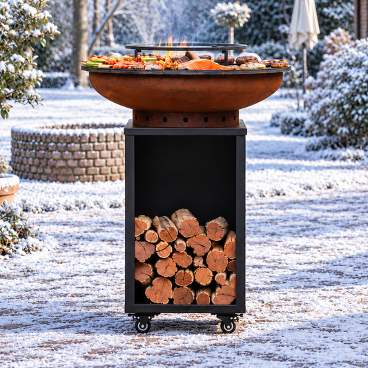BBQ Plancha Grill Corten steel Blackline 8mm Camarada 2.0 - With poker and wood storage Ø70cm — winter setting