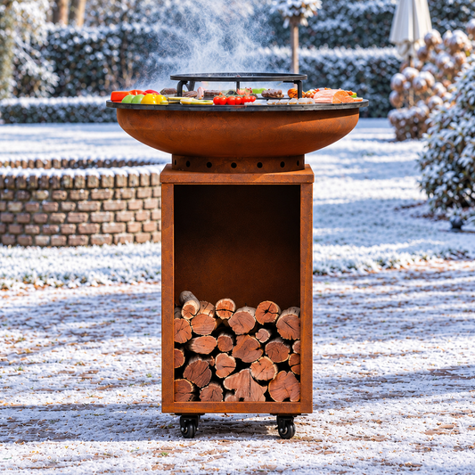 BBQ Plancha Grill Corten steel 8mm Camarada 2.0 - With poker and wood storage Ø70cm — winter setting