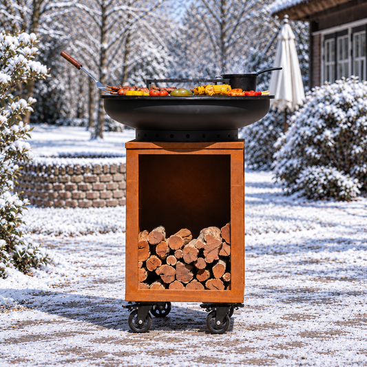 BBQ Plancha Grill Hermano XXL Blackline Corten steel - With poker and wood storage Ø80cm 8mm — winter setting