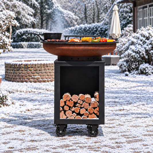 BBQ Plancha Grill Hermano XXL Corten steel Blackline - With poker and wood storage Ø80cm 8mm — winter setting
